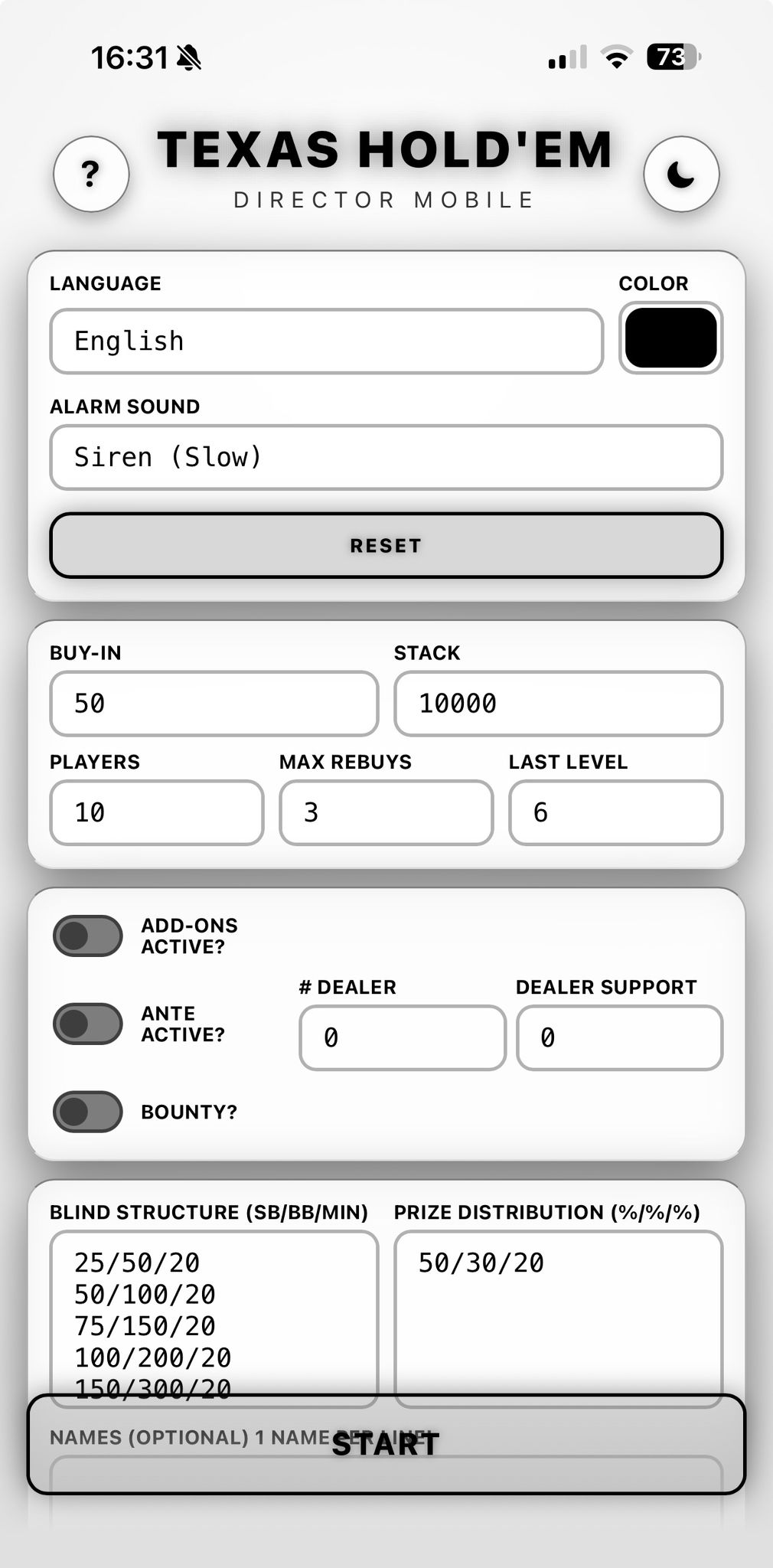 Setup screen, bright mode